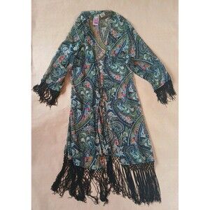 Paisley Original Anthony Kimono Kaftan Duster Fringe Sz XL Festival Fairy Boho